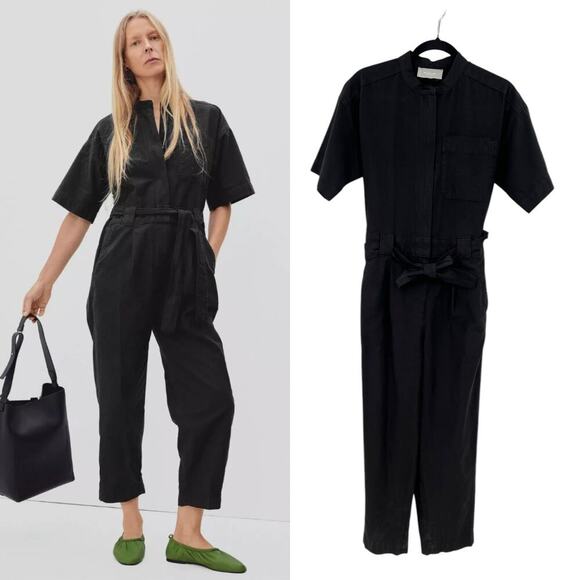 Everlane The Fatigue Jumpsuit Short Sleeve Crop Belted Cotton Linen Black Size 0 - Picture 1 of 11